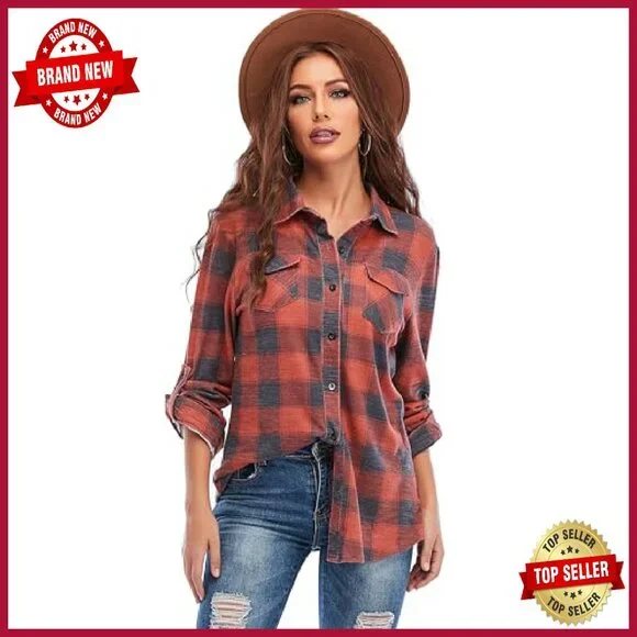 Women's Casual Long Sleeve Button Down Plaid Flannel Shirt - Picture 2 of 8